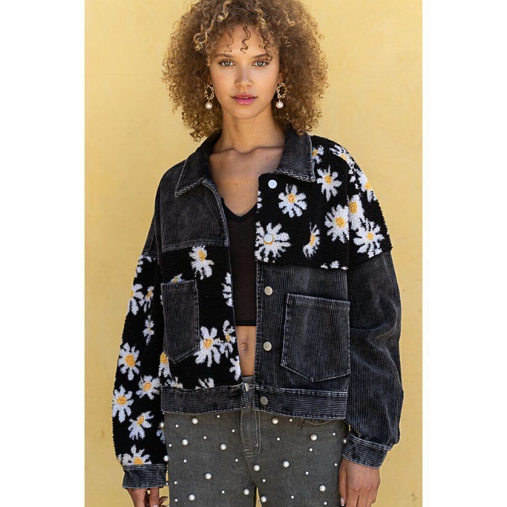 POL CLOTHING Daisy Corduroy Jacket Women New Black Button Down Sherpa FWT369 - Picture 6 of 8